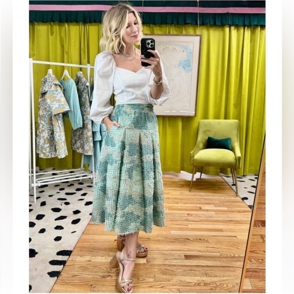 BURU Dresses & Skirts - Buru XS Aqua/Gold Party Polka Dot Textured A-Line Pull On Midi Skirt $268 NWT